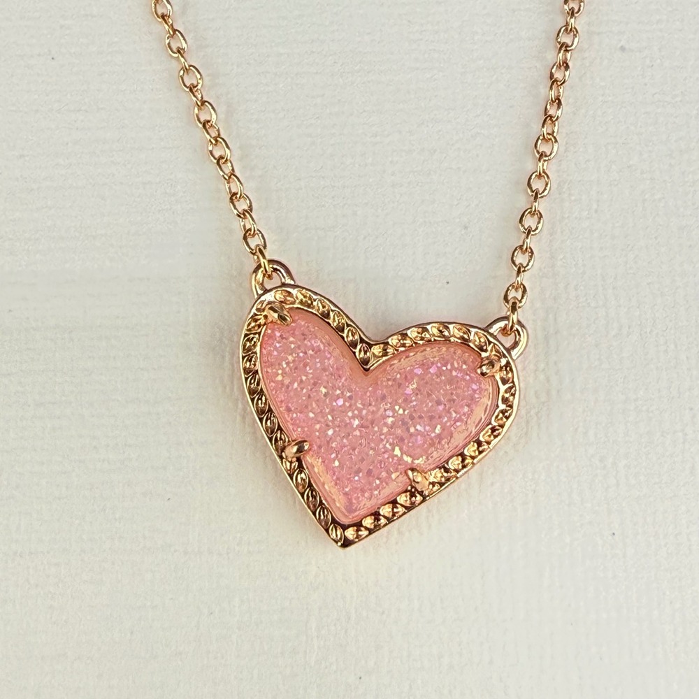 Kendra Scott Ari Heart Pendant Pink Drusy Rose Gold Tone  Necklace - Picture 7 of 8
